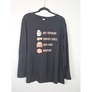 Womens Black Long Sleeve Graphic Tee Autumn Fall Vibes Hot Chocolate Pumpkin XL